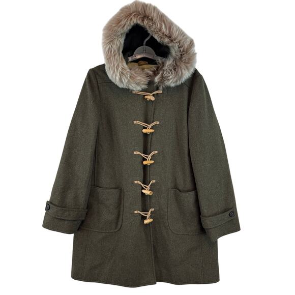 J. Crew Jackets & Blazers - VTG J. Crew Army Green Wool Toggle Closure Duffle Coat with Fur Hood Size Large